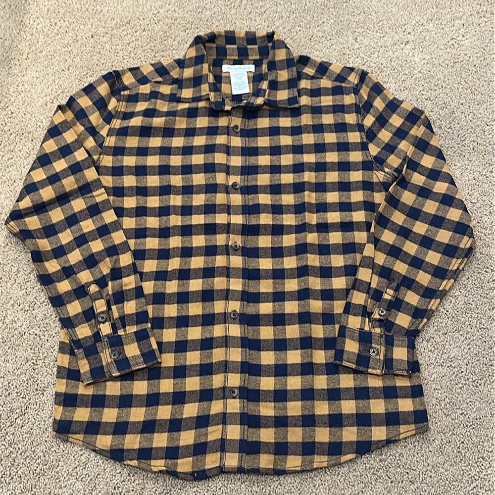 NWOT Tommy Bahama Boys Long Sleeve Checkered Shirt Navy & Mustard Color. XXL